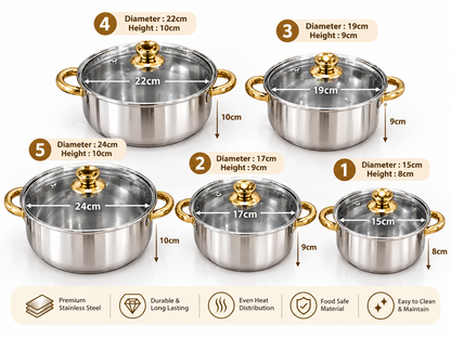 Stainless Steel Cookware 5 Sets with Lids | 5 Multipurpose Pots