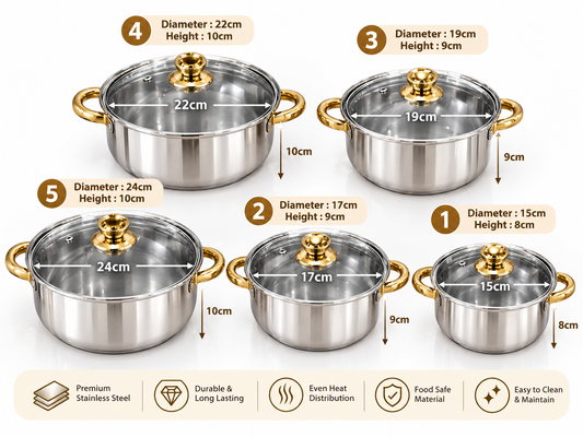 Stainless Steel Cookware 5 Sets with Lids | 5 Multipurpose Pots