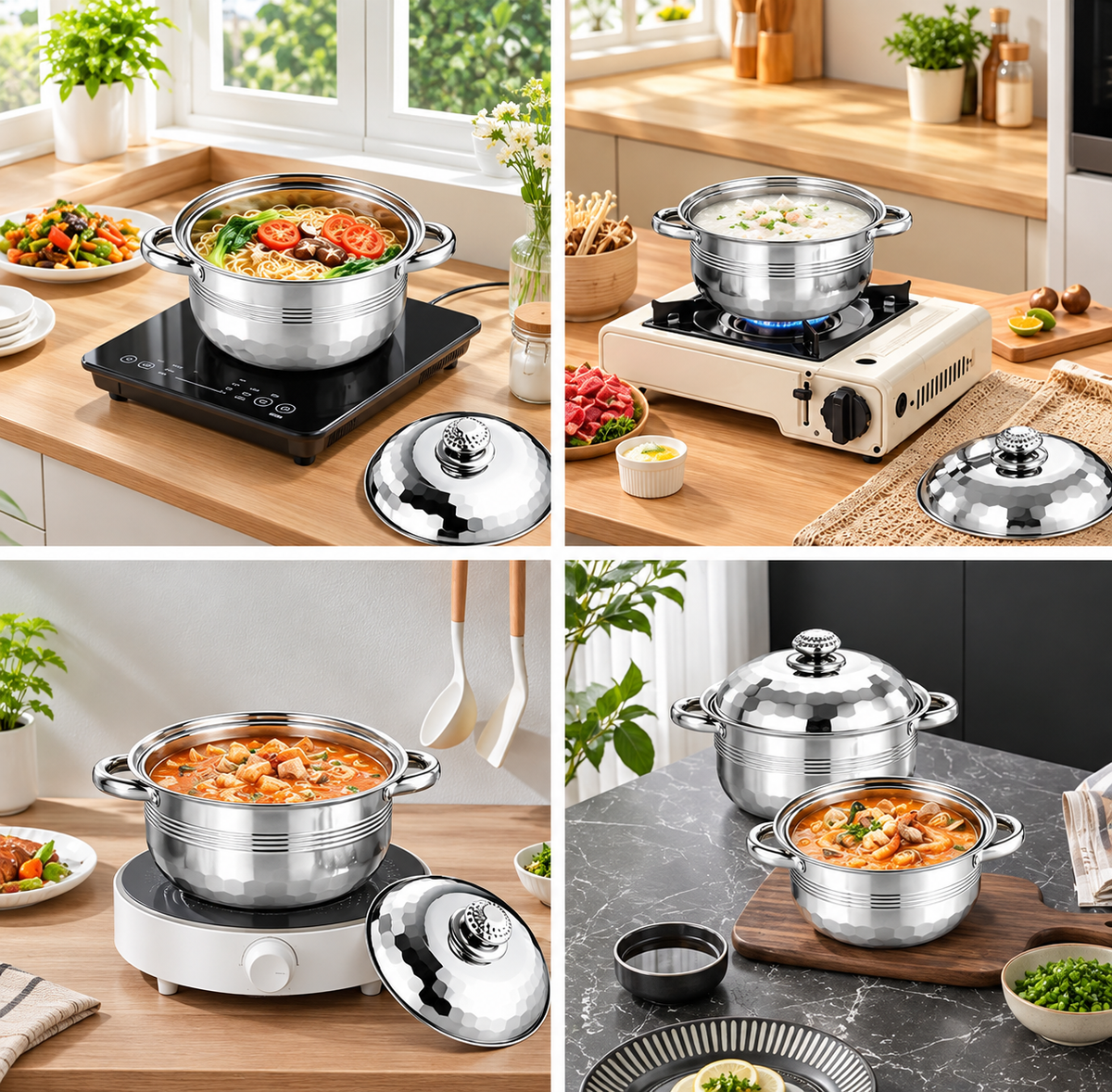 Stainless Steel Cookware 4 Sets with Lids | Deep Pots for Soup & Stewing | Induction & Gas Compatible
