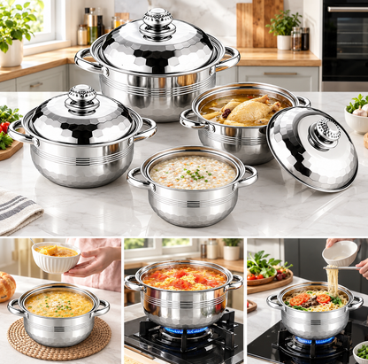 Stainless Steel Cookware 4 Sets with Lids | Deep Pots for Soup & Stewing | Induction & Gas Compatible