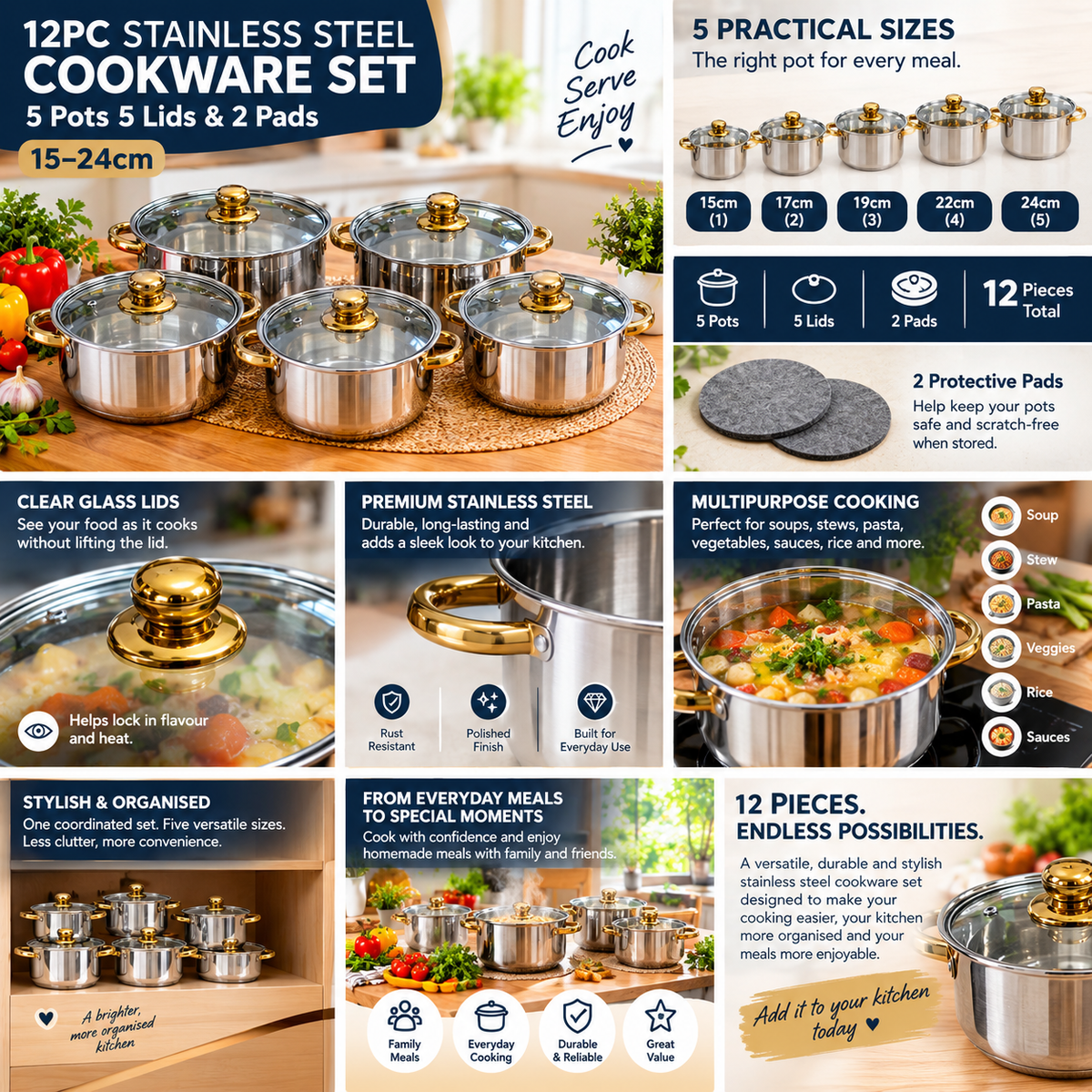 Stainless Steel Cookware 5 Sets with Lids | 5 Multipurpose Pots