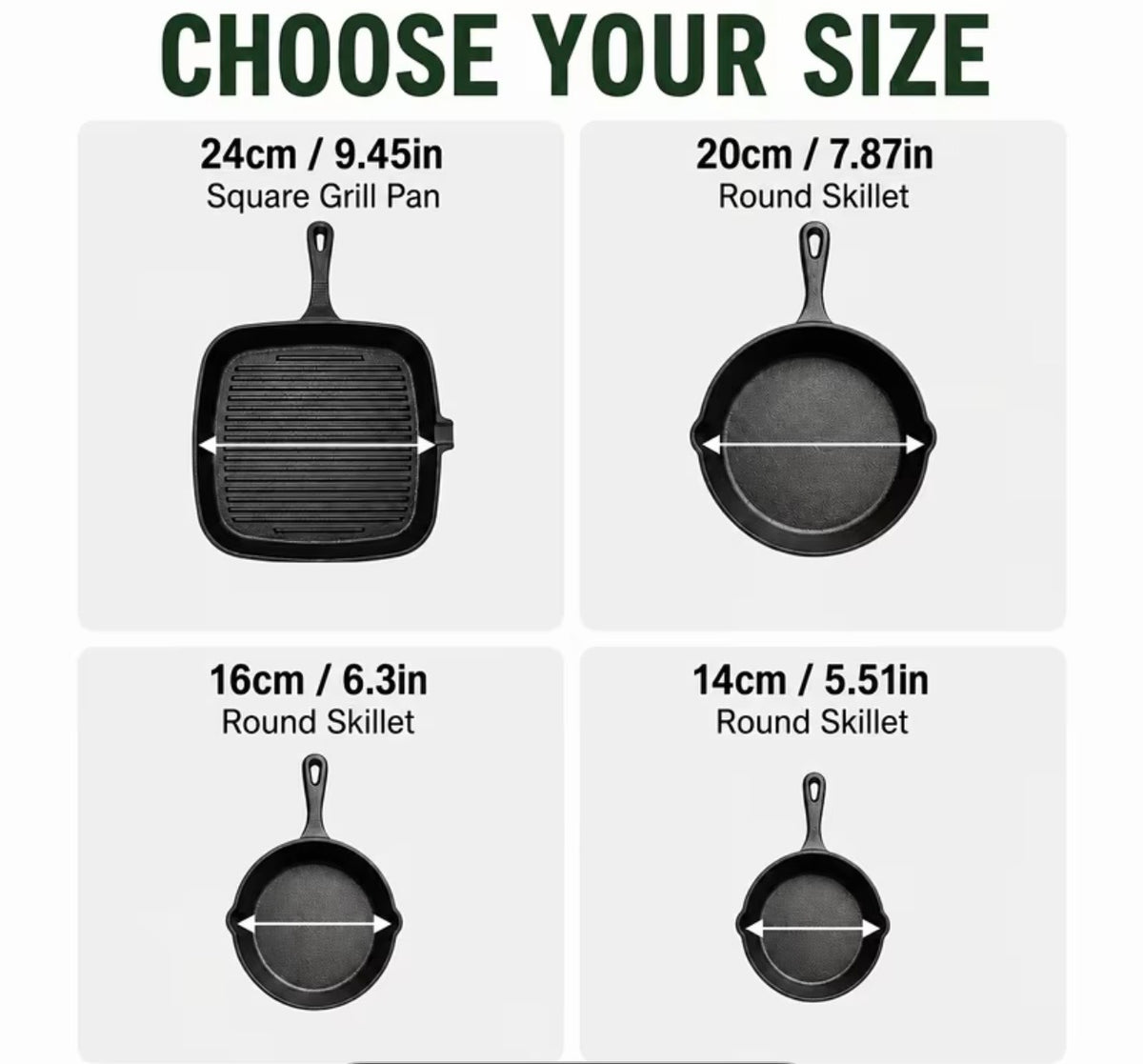 Cast iron skillet set 4 pieces 24cm, 20cm, 16cm, 14cm