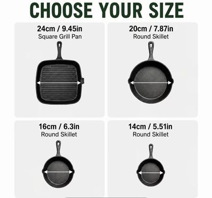 Cast iron skillet set 4 pieces 24cm, 20cm, 16cm, 14cm