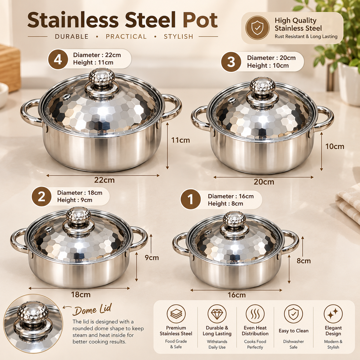 Stainless Steel Cookware 4 Sets with Lids | Deep Pots for Soup & Stewing | Induction & Gas Compatible