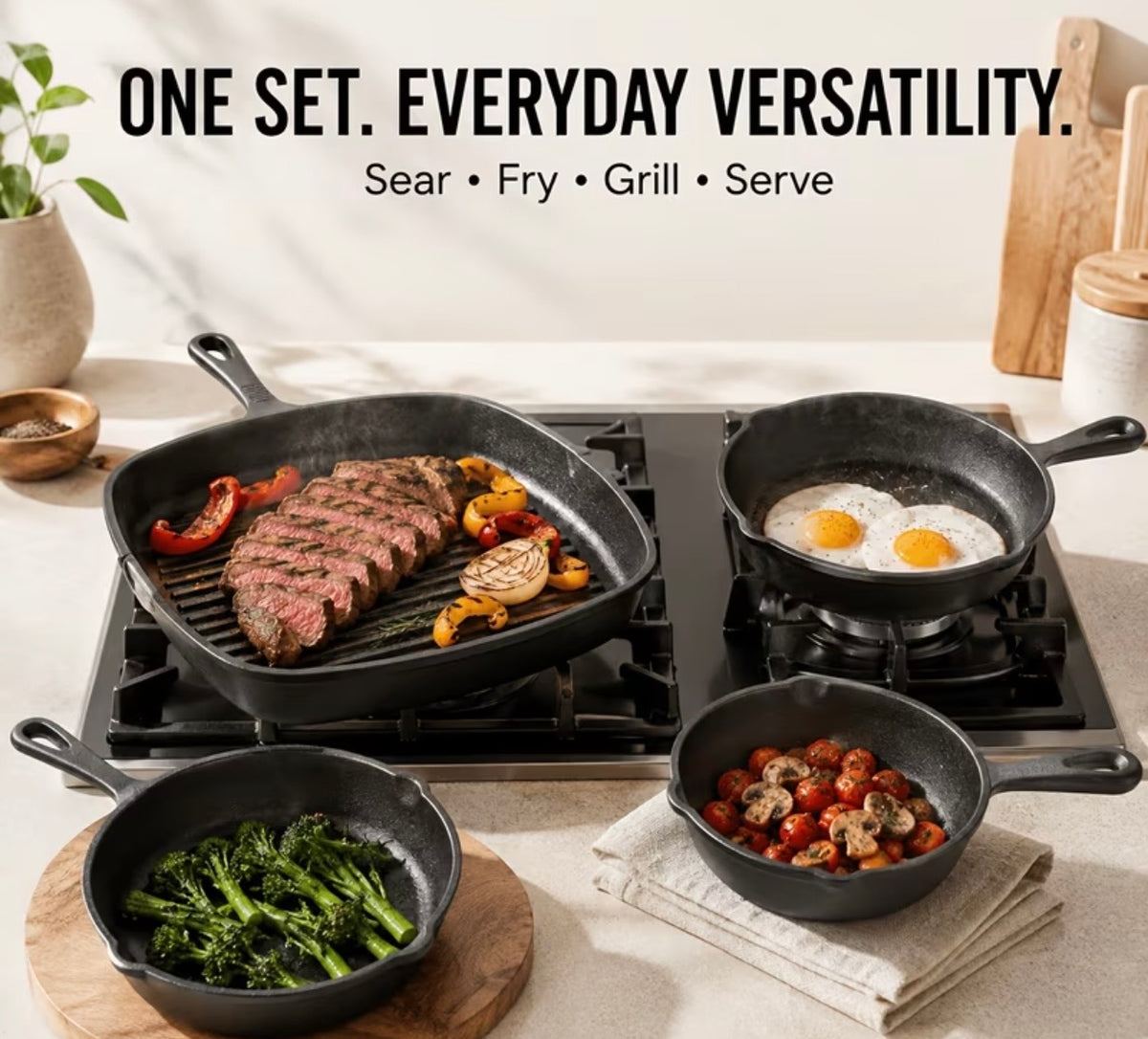 Cast iron skillet set 4 pieces 24cm, 20cm, 16cm, 14cm
