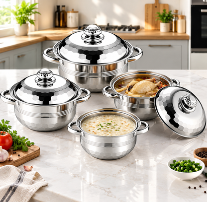 Stainless Steel Cookware 4 Sets with Lids | Deep Pots for Soup & Stewing | Induction & Gas Compatible